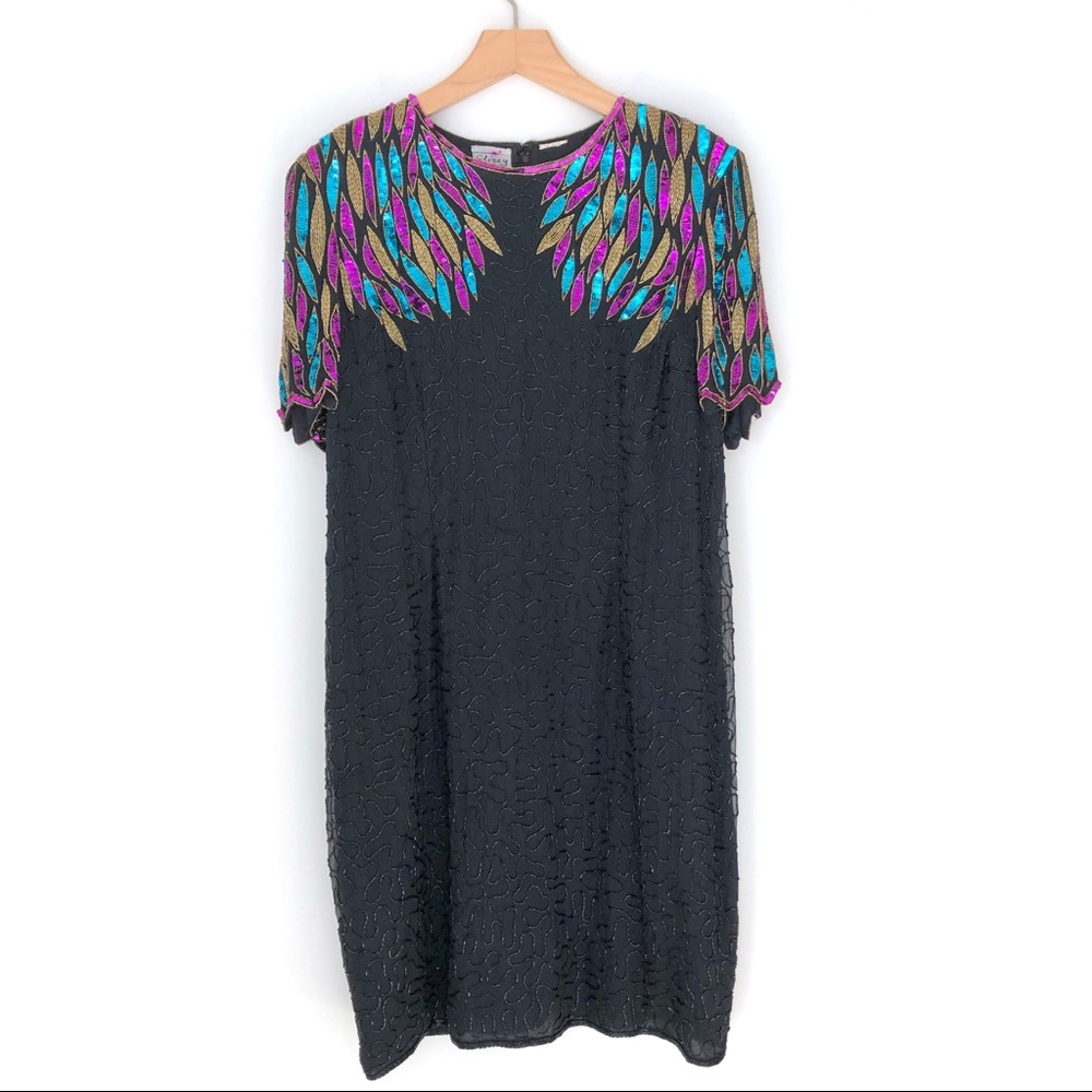Vintage Black Midi Dress with Multicolor Beaded Yoke